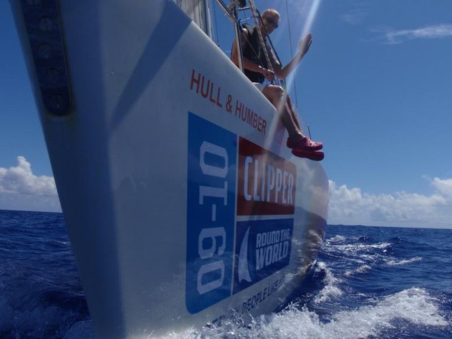 Mel King on the bow of Hull & Humber - Clipper 09-10 Race 10 Jamaica to New York © Clipper Ventures PLC . http://www.clipperroundtheworld.com